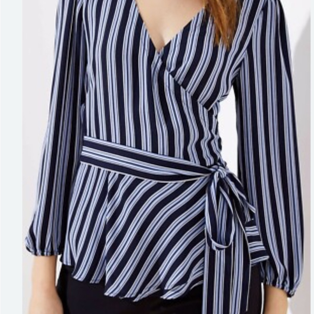 LOFT Navy, Pale Blue and White Striped smart Wrap Blouse - Picture 9 of 9